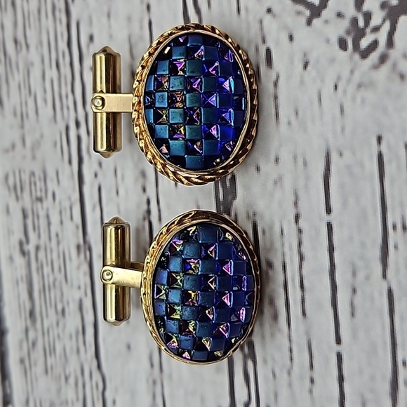 Vintage Chrisitan Dior Gold Tone & Sodalite Cufflinks withgold tone tie bar set - Picture 3 of 6